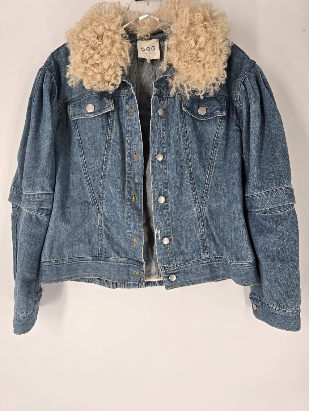Sea New York Deja Denim Jacket Real Fur Collar Size L